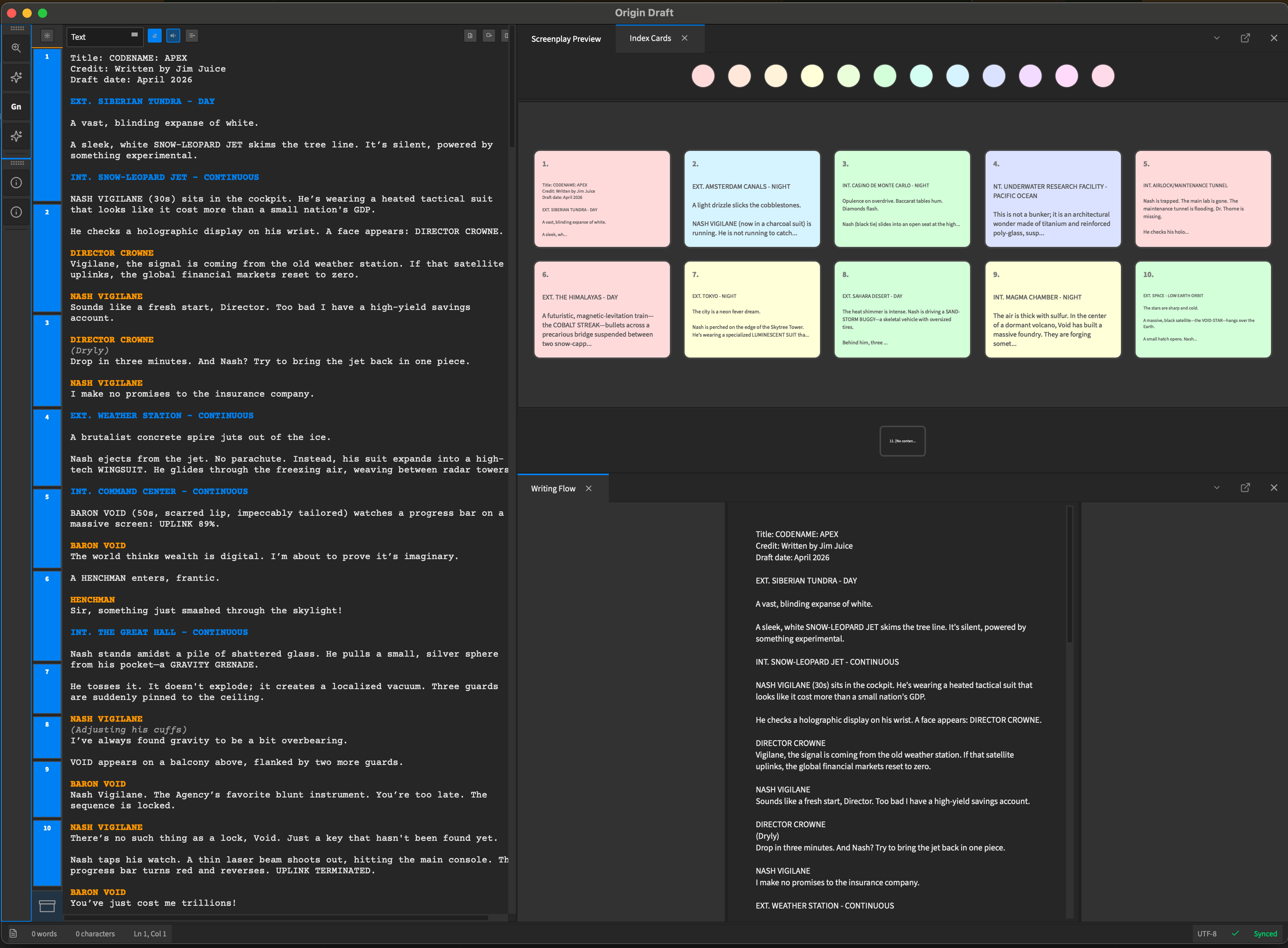 The full Origin Draft workspace: screenplay editor beside index cards and the writing flow view