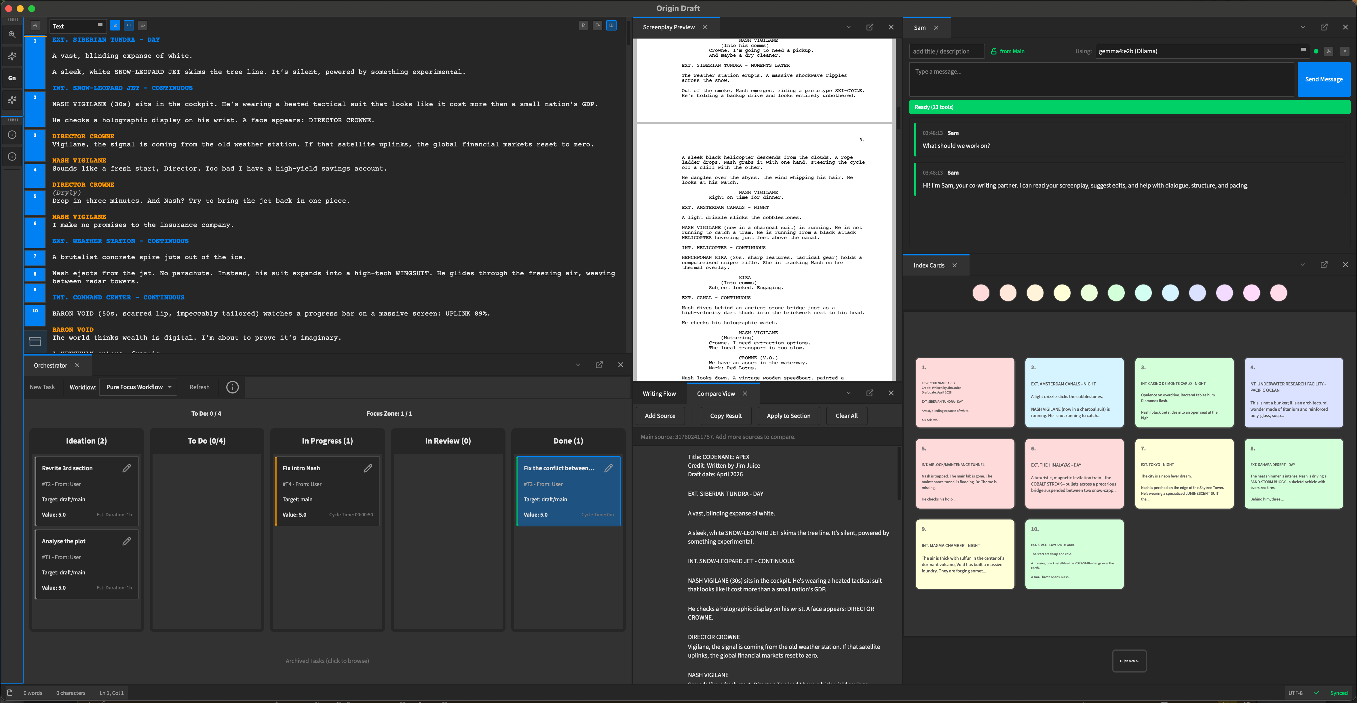 Origin Draft's writing view: the screenplay editor beside a formatted page preview