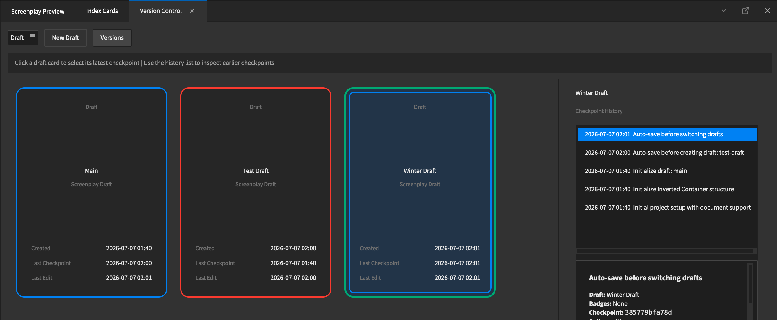 Origin Draft's version control view: three draft cards with creation and checkpoint times, and a checkpoint history list for the selected draft